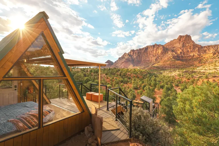 Zion A-frame cabin with epic views looking out on the national park