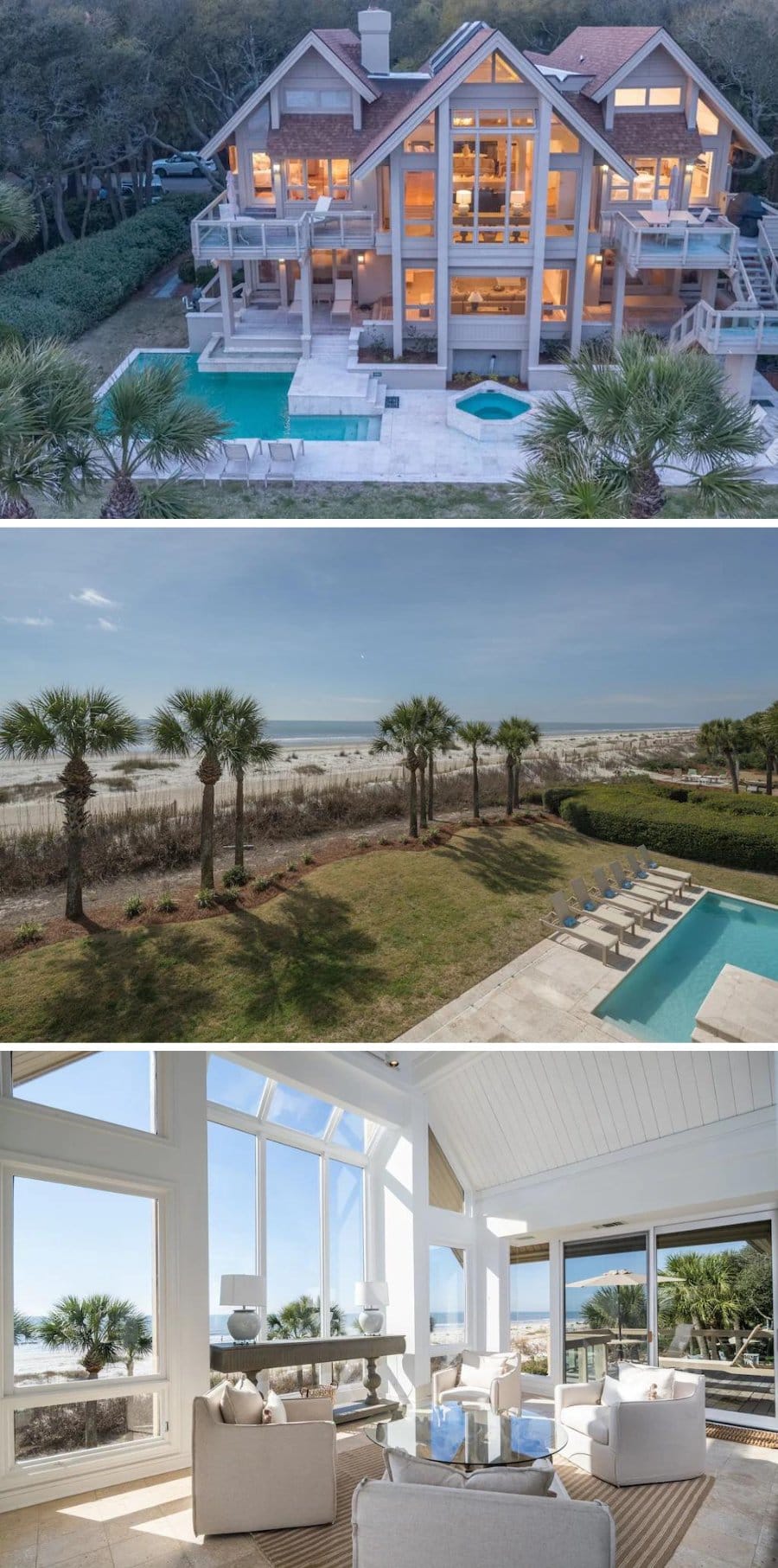 Interior and exterior images of a mansion on the water in Hilton Head, South Carolina