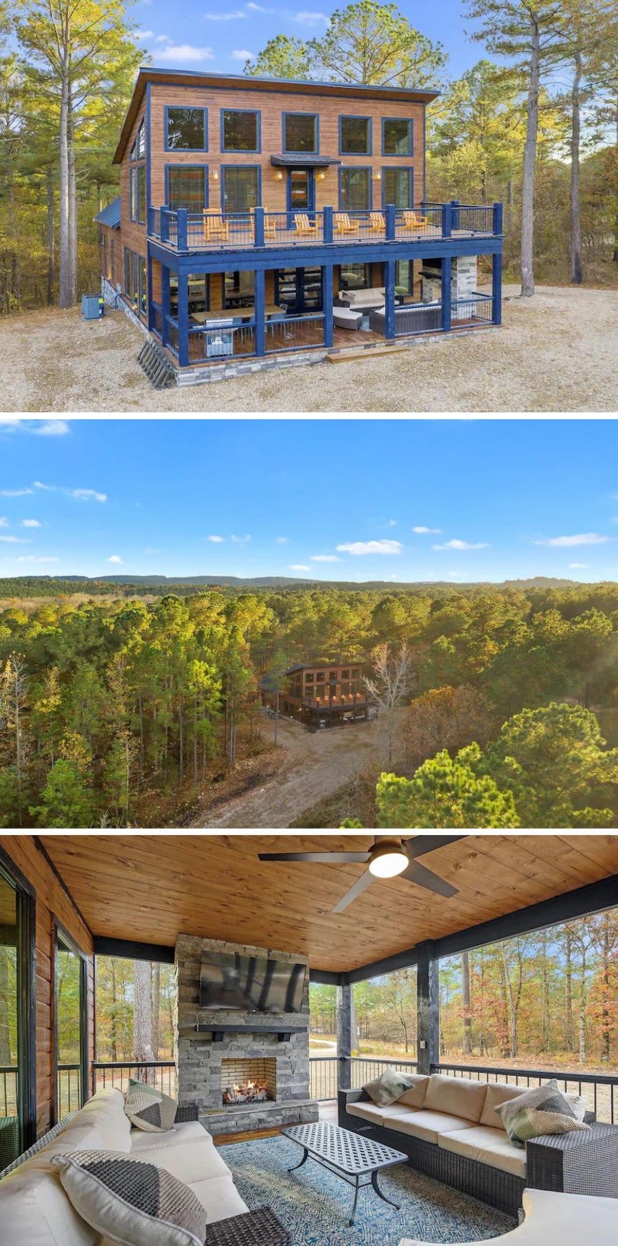 Interior and exterior images of the StarFire Cabin in Broken Bow, Oklahoma