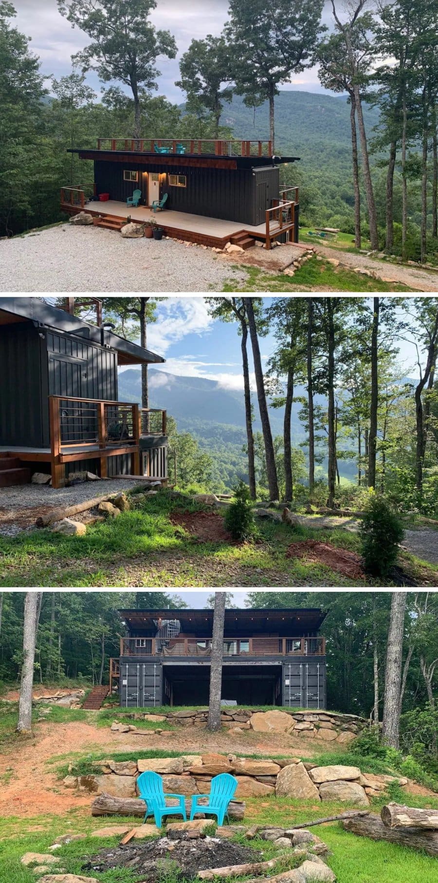 Interior and exterior images of the Appalachian Cabin in North Carolina that overlooks the mountains