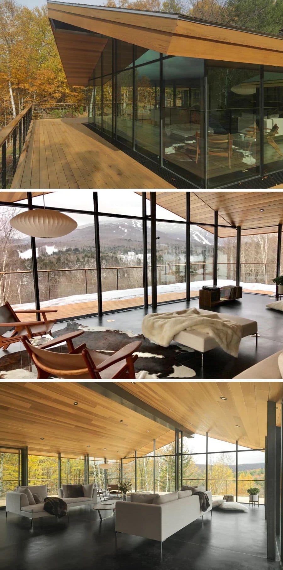 Interior and exterior images of the Stowe Glass House in Stowe, Vermont