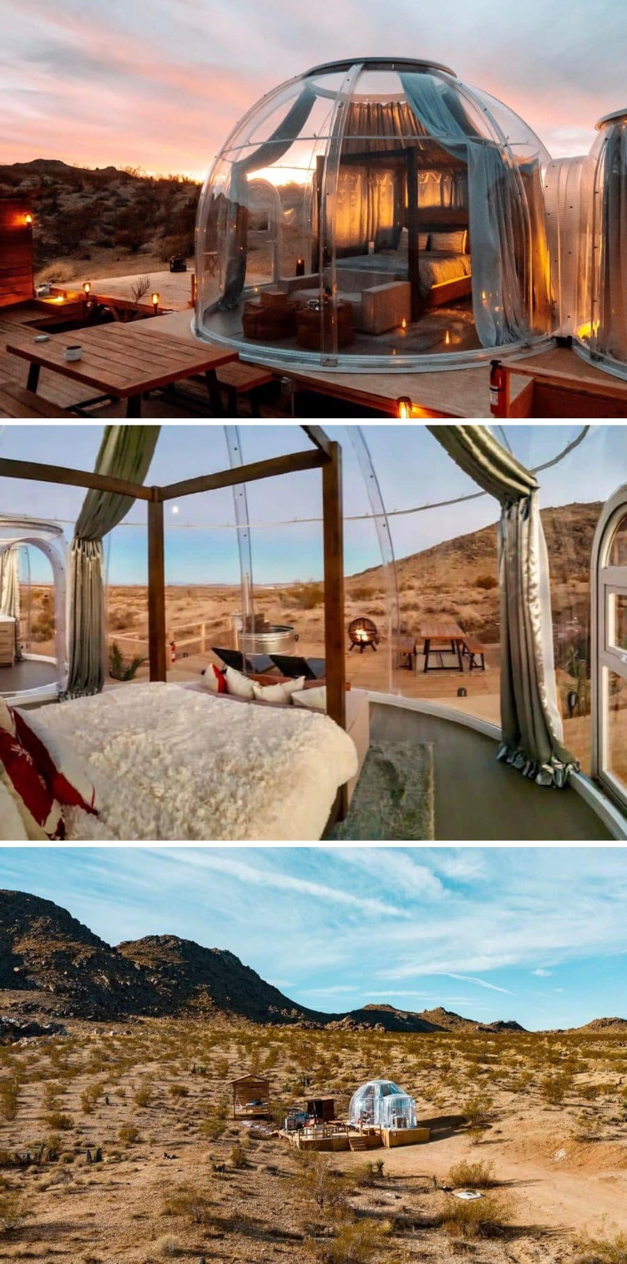 Exterior and interior photos of a bubble dome in Joshua Tree