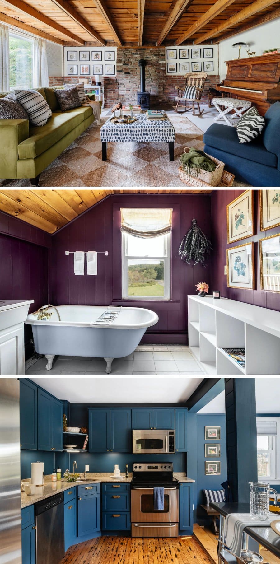 Interior of a colorful home in the Berkshires - purple bathroom and bright blue kitchen