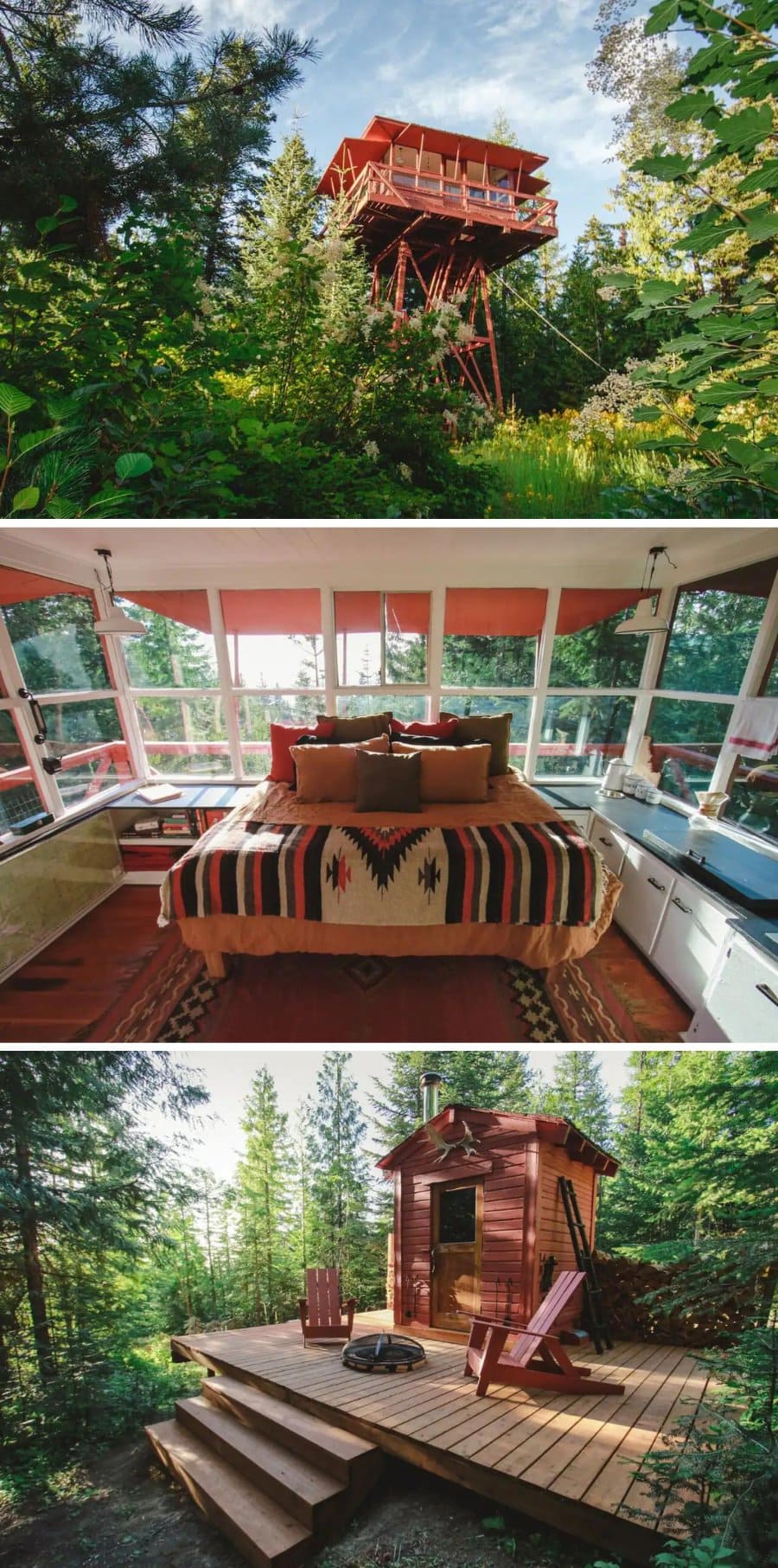 Inside and outside of the Crystal Peak Lookout in Fernwood, Idaho