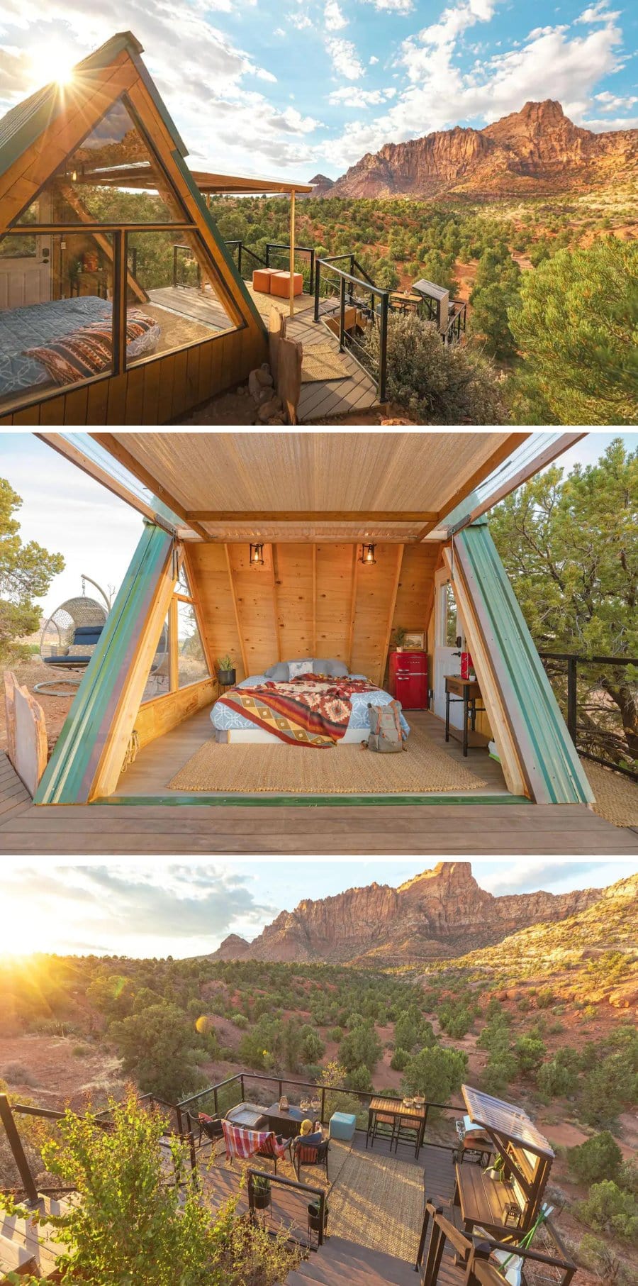 Indoor/outdoor A-frame cabin rental with views of Zion National Park