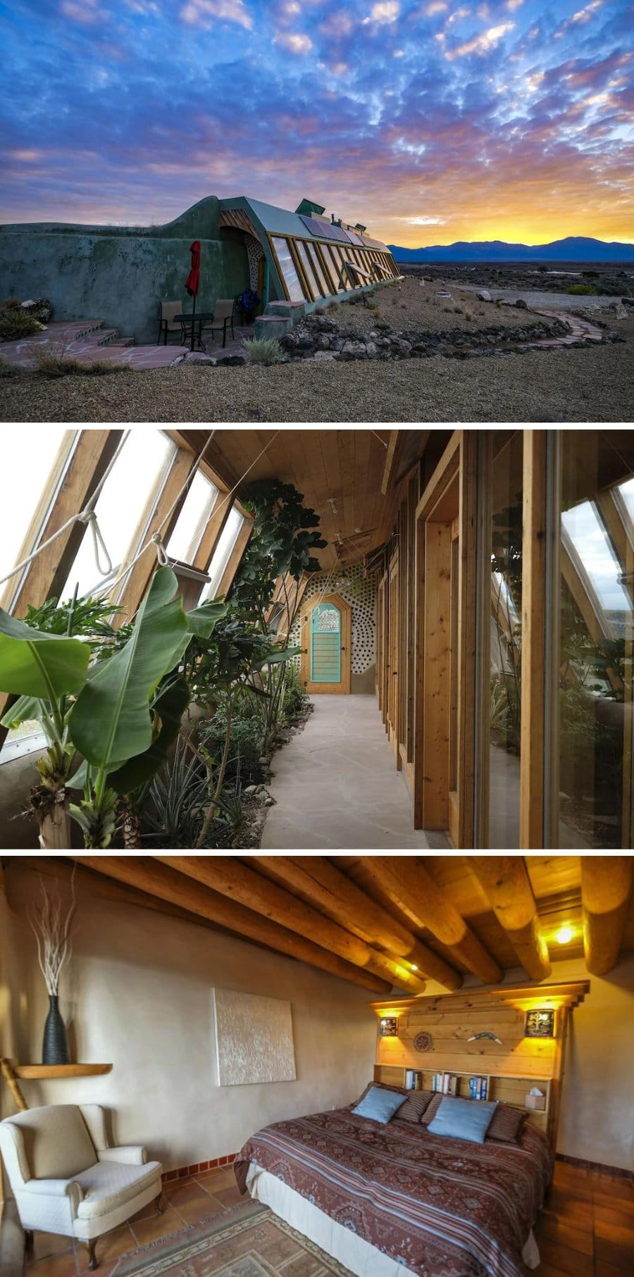 Interior and exterior images of the Earthship in Taos New Mexico Airbnb