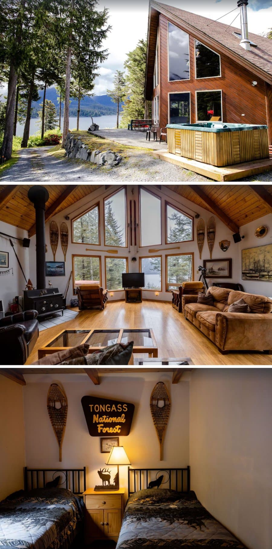 Interior and exterior images of this waterfront cabin in Sitka, Alaska
