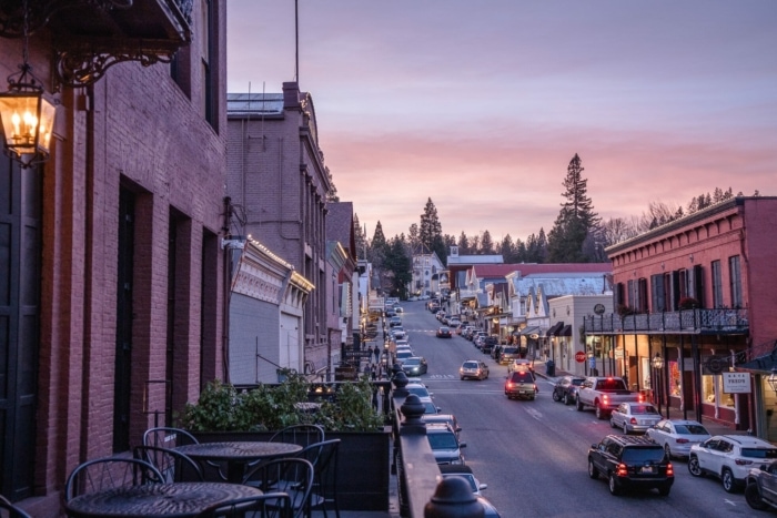 View overlooking downtown Nevada City at sunset from the National Exchange Hotel