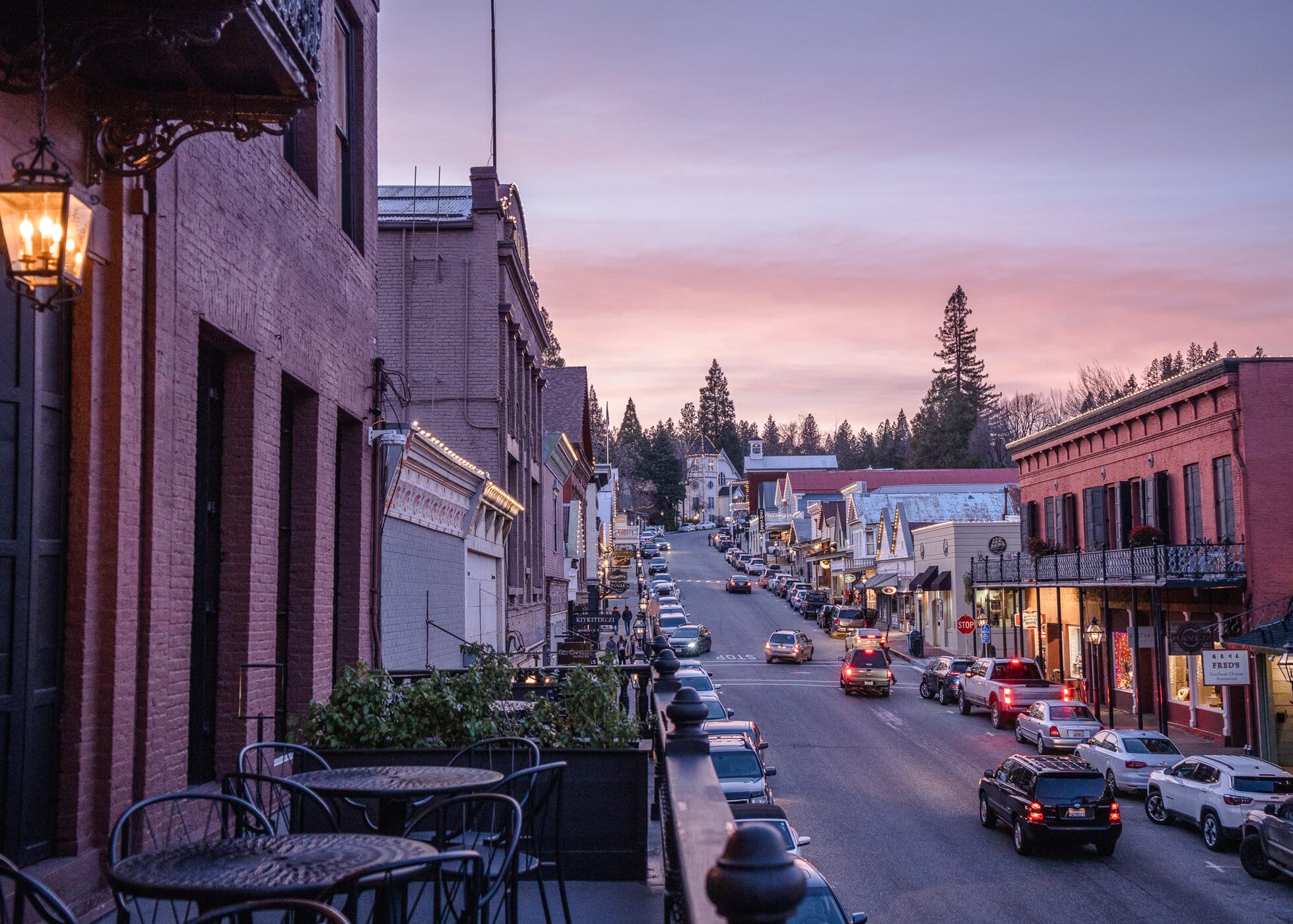 View overlooking downtown Nevada City at sunset from the National Exchange Hotel