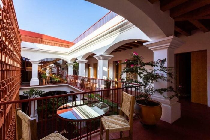 Indoor/outdoor hallways at Ayook hotel in Oaxaca
