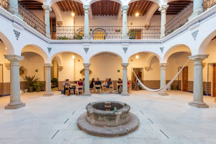 Courtyard with fountain inside the Grana B&B hotel in Oaxaca