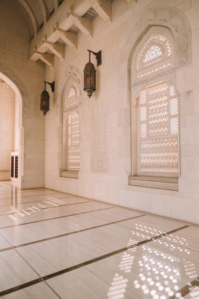 Speckled light coming in through a window at the Sultan Qaboos Grand Mosque