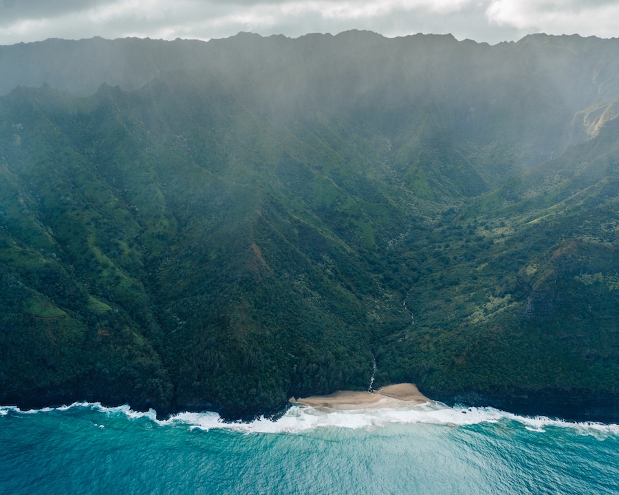 An aerial view of the Na Pali Coast (Kauai travel tips)