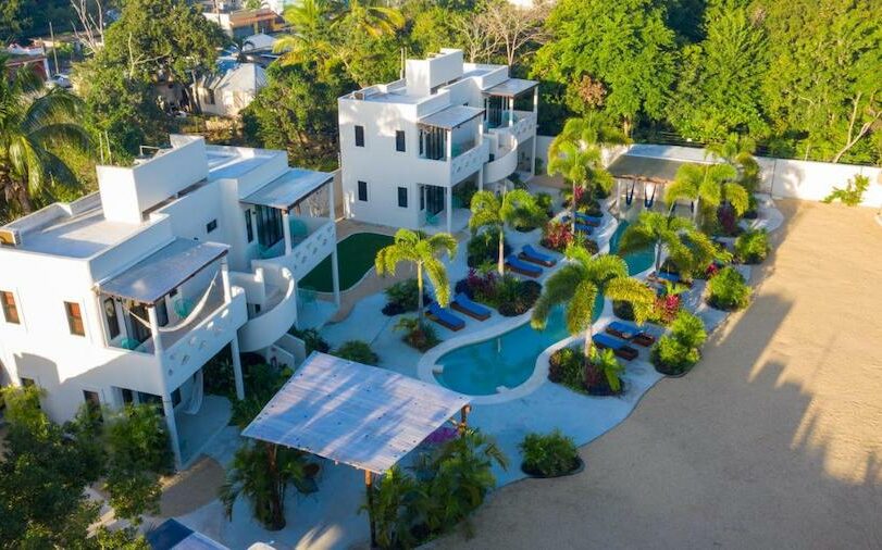Aerial view of the architecture and pool at Blue Palm Bacalar