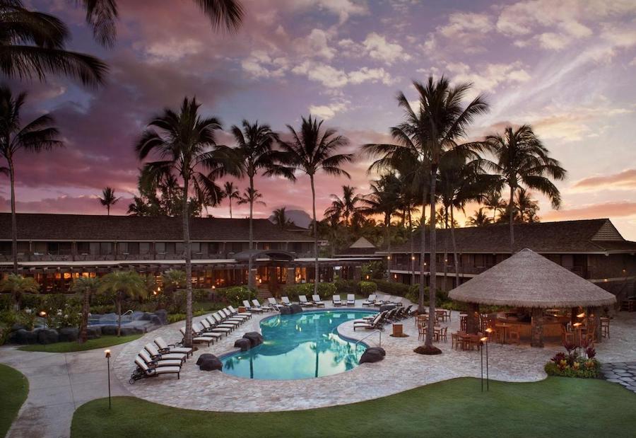 Pool area at sunset at Koa Kea resort, Kauai 