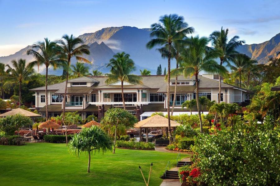 Hotel at Westin Princeville with a backdrop of the stunning mountains in Kauai