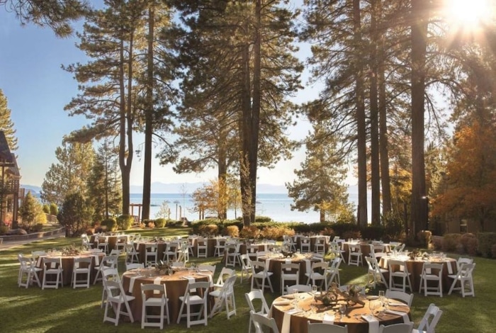 Event tables set out overlooking the lake at the Hyatt Regency