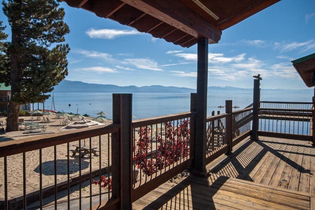 Wrap around porch view of Lake Tahoe from Mourelatos Lakeshore Resort
