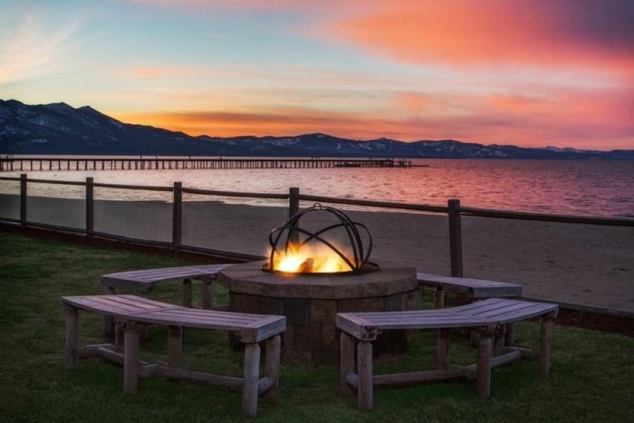 Firepit at sunset at Tahoe Lakeshore Lodge & Spa