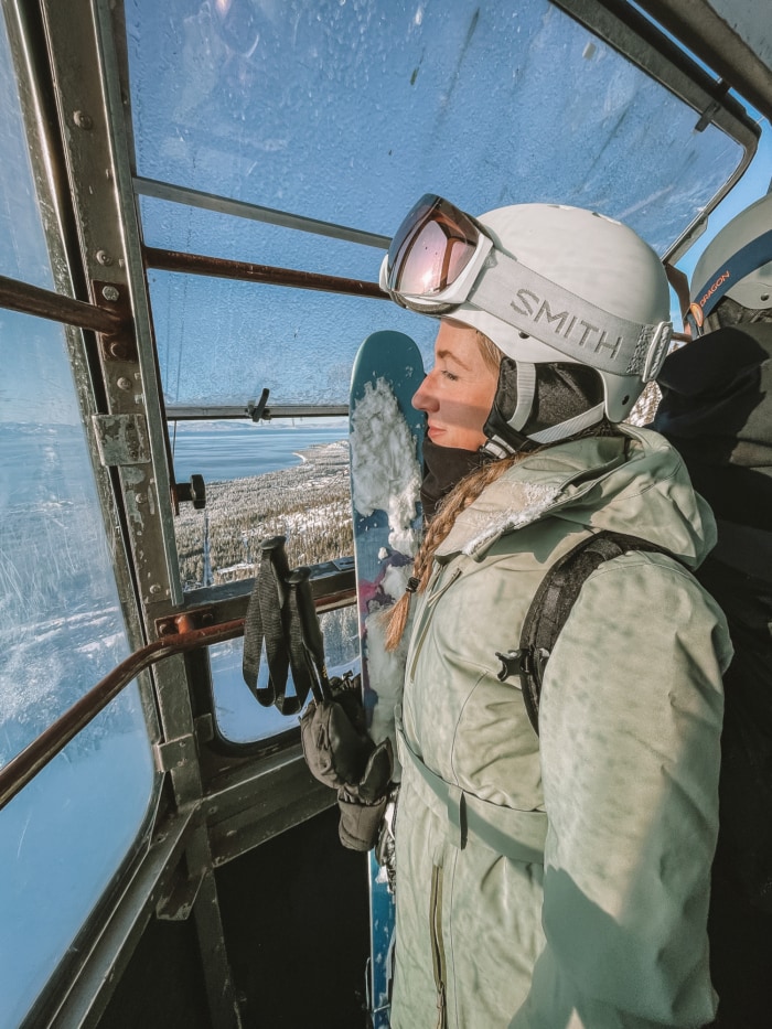 Michelle Halpern in ski gear on the Heavenly Mountain Gondola