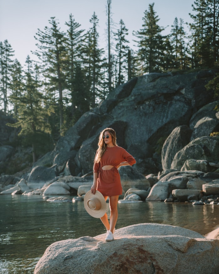 Michelle Halpern standing on a rock at Lester Beach in Lake Tahoe
