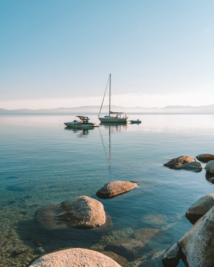 Glassy calm Lake Tahoe views from Lester Beach