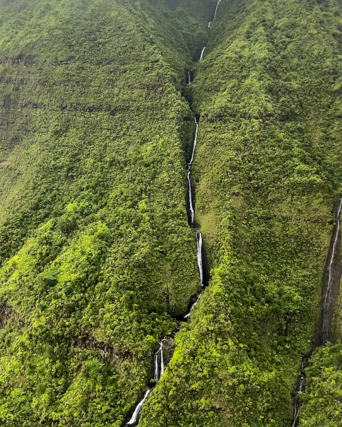 Aerial view of Kauai's waterfalls