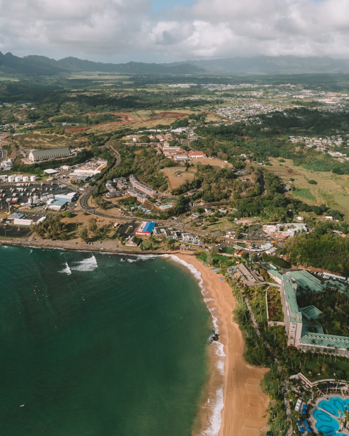 First aerial views over Lihue, Kauai during a helicopter tour