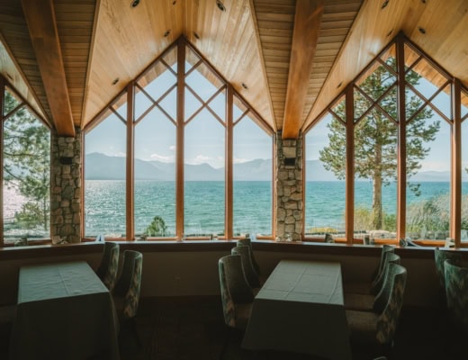 View of tables overlooking Lake Tahoe at Edgewood Restaurant