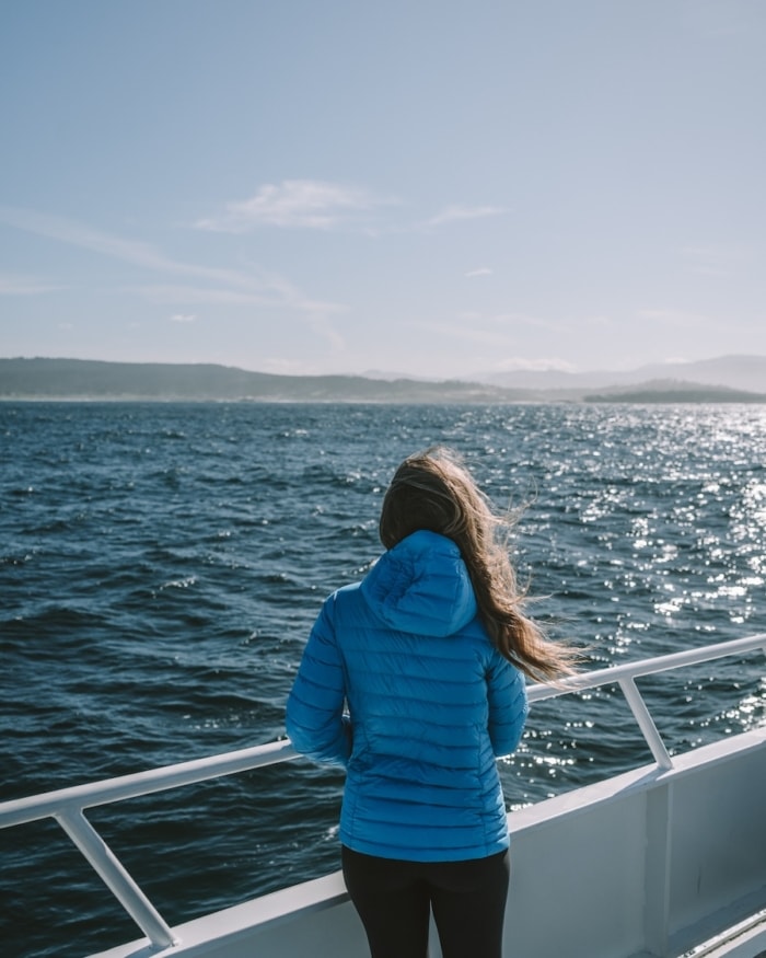 Michelle Halpern looking out to the water while whale watching