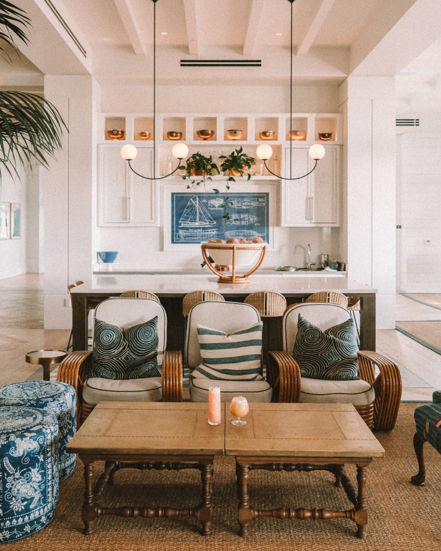 White-washed bar area at Seabird Hotel in Oceanside