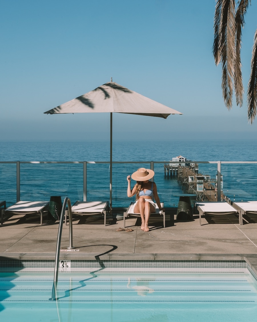 Michelle Halpern sitting by the pool at the Mission Pacific hotel in Oceanside