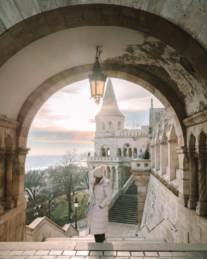 Michelle Halpern standing in an archway at Fisherman's Bastion