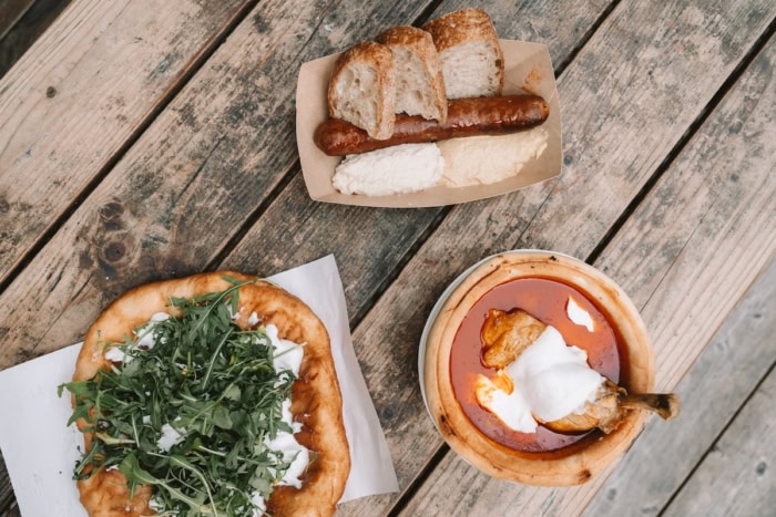 Chicken Paprikash and sausage from Karavan Street Food in Budapest