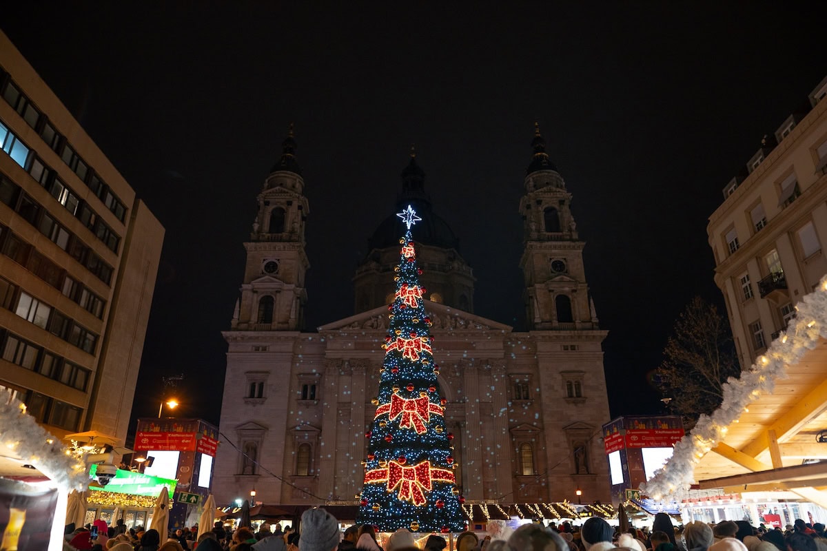 St Stephen's Basilica Christmas Market at night in Budapest 