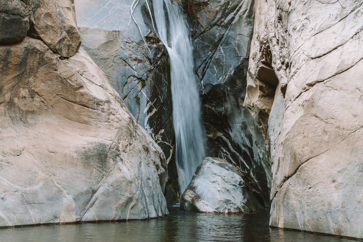 Waterfall coming down on rocks at Tahquitz Canyon