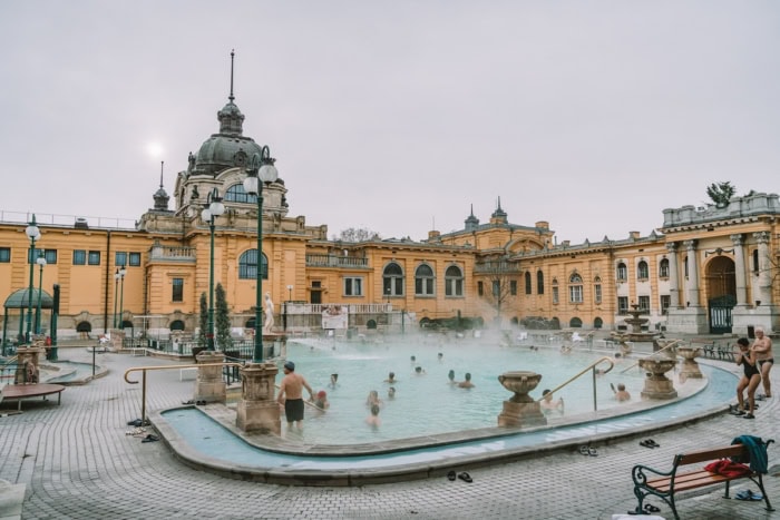 Outdoor pool area of Széchenyi baths Outdoor pool area of Széchenyi baths | Budapest 3 Day Itinerary