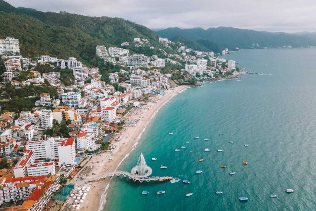Drone shot looking over the main Los Muertos beach section of Puerto Vallarta
