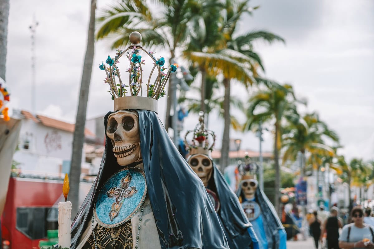 Day of the Dead skeleton statues up along the malecon in Puerto Vallarta