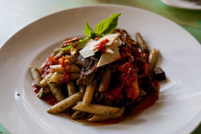 vegetarian pasta dish Close-up of vegetarian pasta dish from Veggitalia, one of the best restaurants in Puerto Vallarta