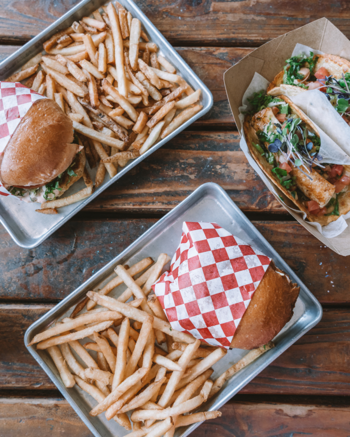 Kohala Burger & Taco Top down image of burgers and fries at a restaurant in Big Island, Hawaii
