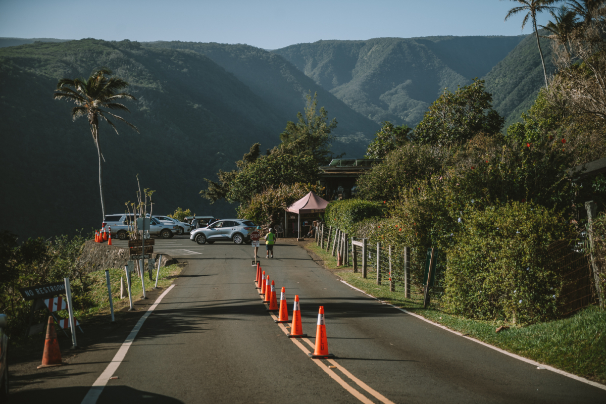 road in Big Island Landscape image of a road surrounded by trees at Big Island, Hawaii, It features hills and cars in the parking lot in the distance.