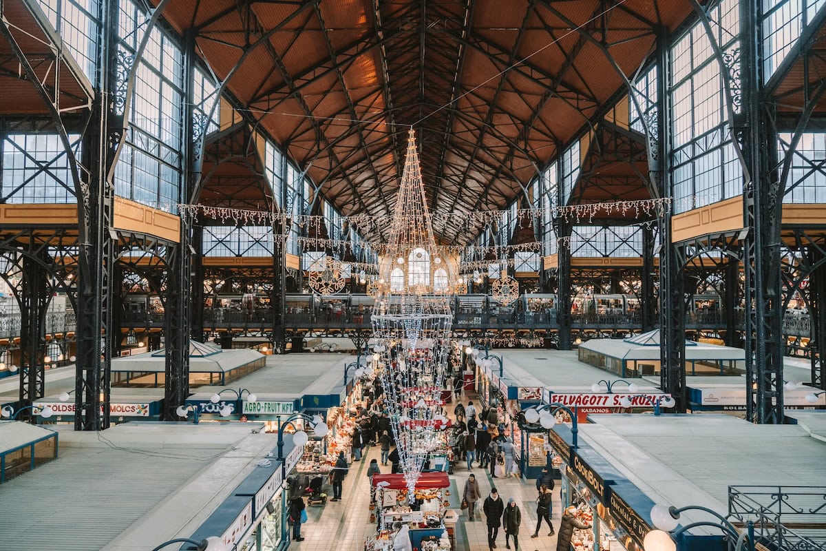 Interior of Central Market Hall Interior of Central Market Hall, a big open industrial space with Christmas lights and decorations and vendors