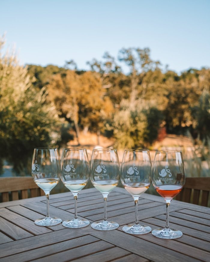 Paso Robles wine country Row of five wine glasses on a table for a tasting in Paso Robles wine country
