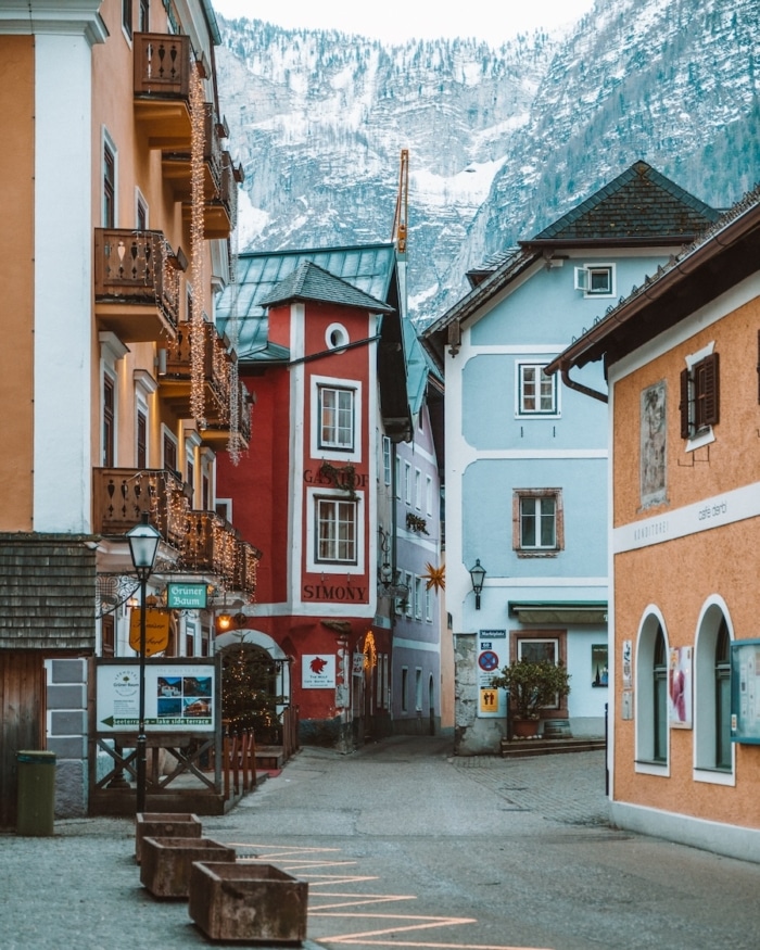 colorful buildings in Hallstatt Empty walkway surrounded by colorful buildings in the town of Hallstatt