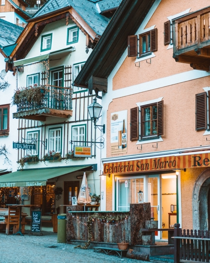 buildings in Hallstatt Colorful buildings near the town square in Hallstatt, Austria