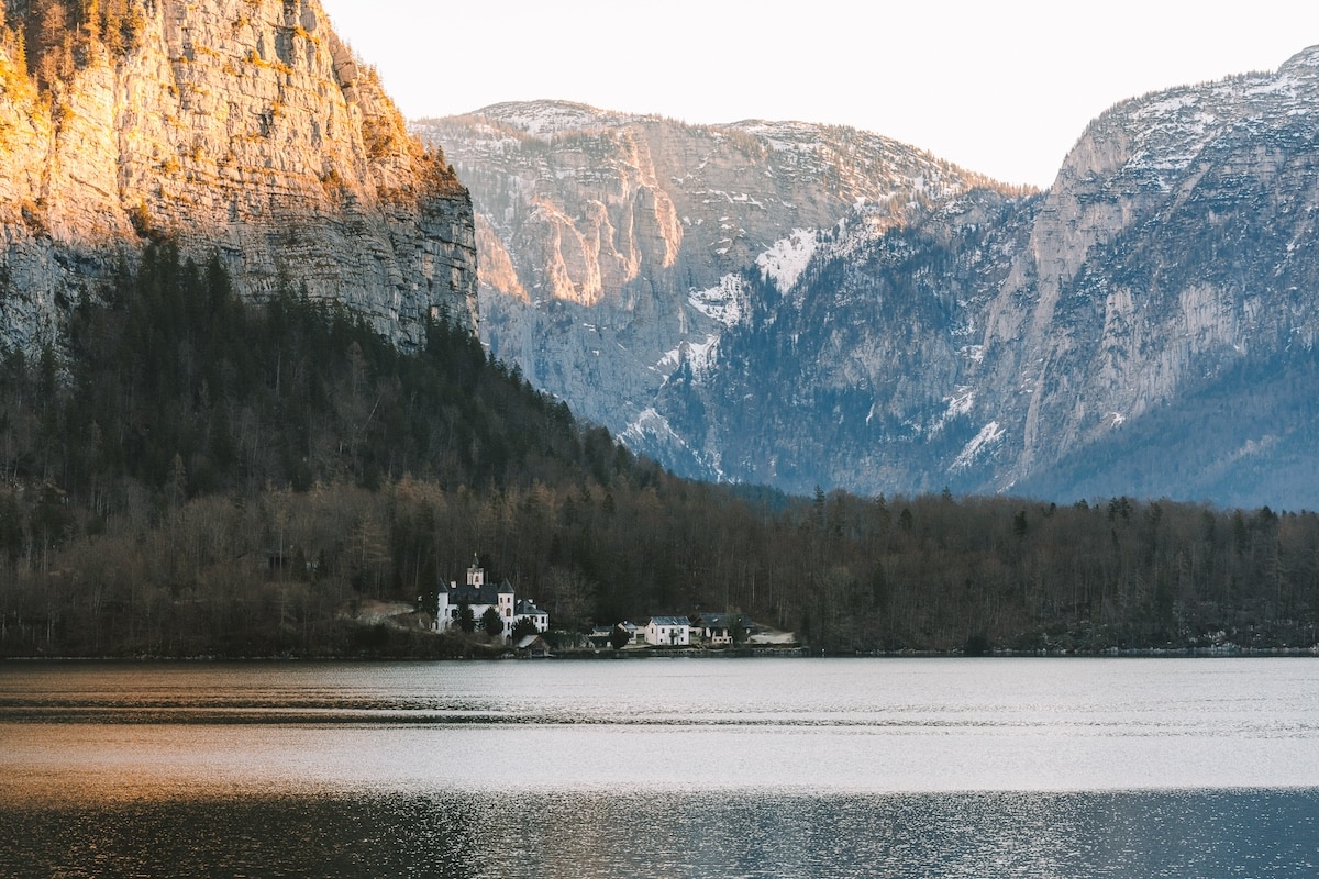 lake Schloss Grub castle View across the lake in Hallstatt to the Schloss Grub castle