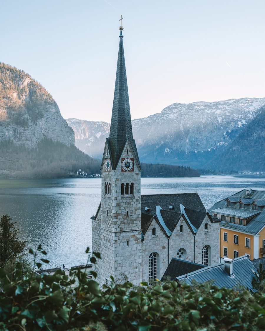 Closer up shot of the Lutheran church in Hallstatt that overlooks the lake