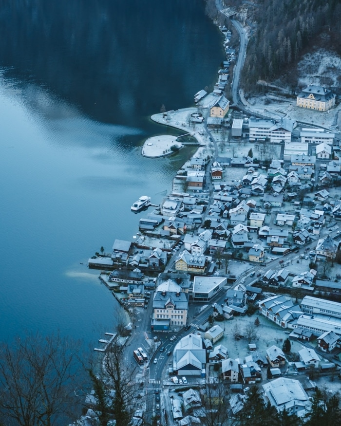 gondola going up to Hallstatt's skywalk View down over the town from the gondola going up to Hallstatt's skywalk