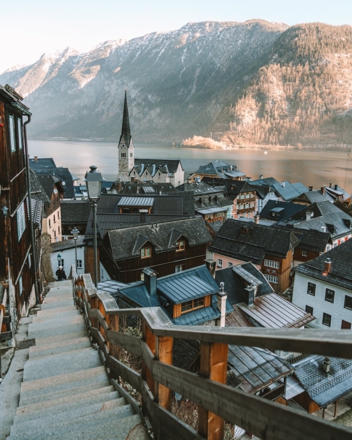 staircase in Hallstatt Staircase with a great view overlooking the church and lake in Hallstatt in winter